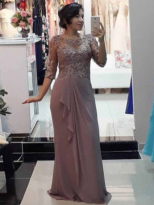 Sheath/Column Chiffon Applique Scoop 1/2 Sleeves Floor-Length Mother of the Bride Dress