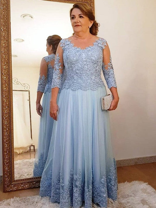 A-Line/Princess Tulle Applique Scoop 3/4 Sleeves Floor-Length Mother of the Bride Dress