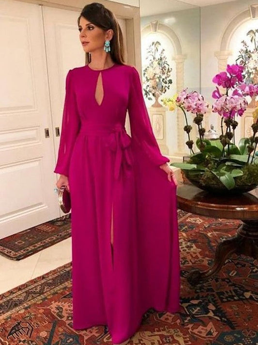 A-Line/Princess Chiffon Ruched Scoop Long Sleeves Floor-Length Mother of the Bride Dress