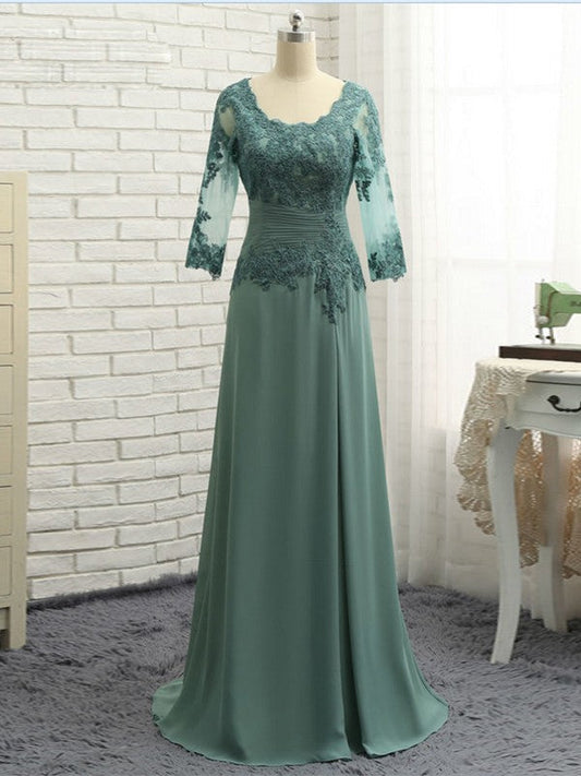 A-Line/Princess Chiffon Applique Scoop 3/4 Sleeves Sweep/Brush Train Mother of the Bride Dress