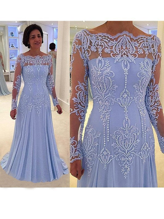 A-Line/Princess Chiffon Applique Scoop Long Sleeves Sweep/Brush Train Mother of the Bride Dress