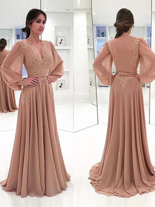 A-Line/Princess Chiffon Lace V-neck Long Sleeves Sweep/Brush Train Mother of the Bride Dress
