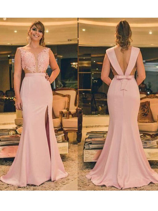 Sheath/Column Elastic Woven Satin Applique Scoop Sleeveless Sweep/Brush Train Mother of the Bride Dress
