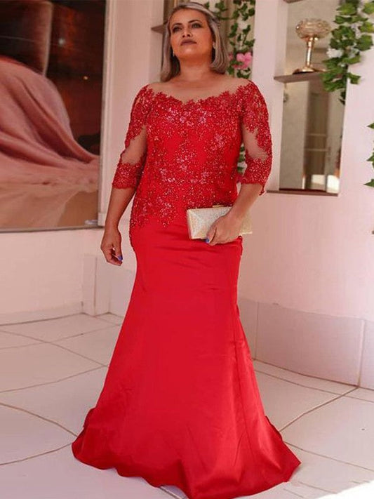 Sheath/Column Satin Applique Scoop 3/4 Sleeves Sweep/Brush Train Mother of the Bride Dress