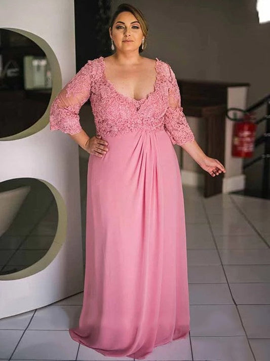 A-Line/Princess Chiffon Applique V-neck 3/4 Sleeves Sweep/Brush Train Mother of the Bride Dress