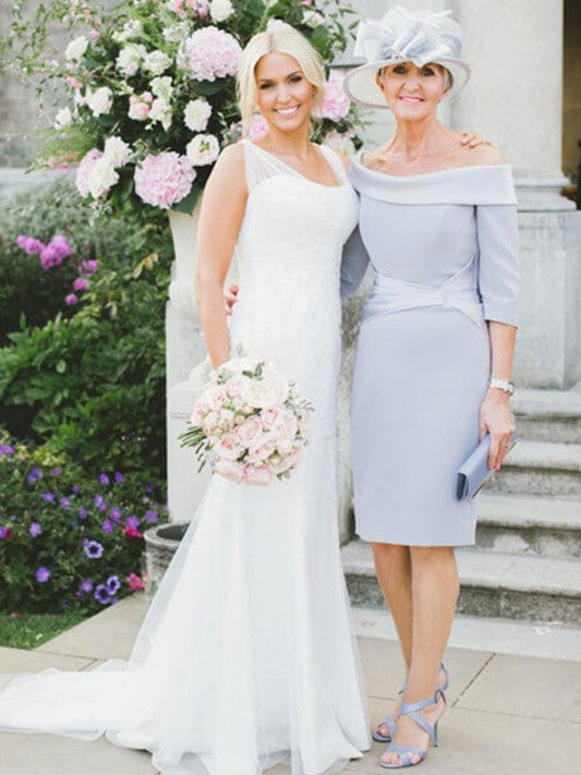 Sheath/Column Satin Ruched Off-the-Shoulder 3/4 Sleeves Knee-Length Mother of the Bride Dress