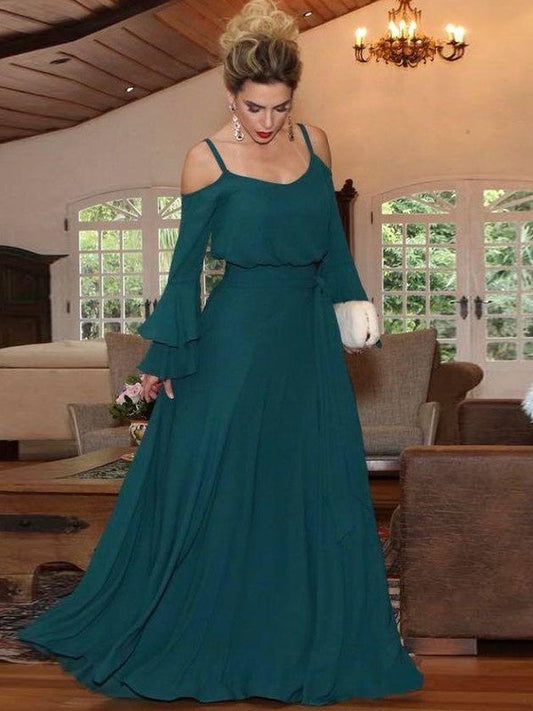 A-Line/Princess Chiffon Ruffles Square Long Sleeves Floor-Length Mother of the Bride Dress
