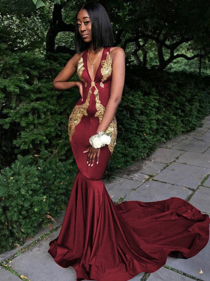 Memorable Magic Mermaid Silk like Satin Applique V-neck Sleeveless Chapel Train Prom Dress