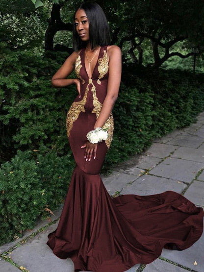 Memorable Magic Mermaid Silk like Satin Applique V-neck Sleeveless Chapel Train Prom Dress