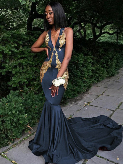 Memorable Magic Mermaid Silk like Satin Applique V-neck Sleeveless Chapel Train Prom Dress