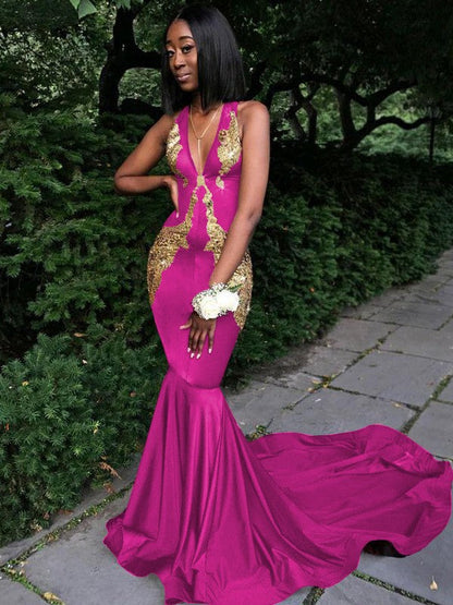Memorable Magic Mermaid Silk like Satin Applique V-neck Sleeveless Chapel Train Prom Dress