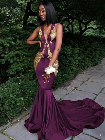 Memorable Magic Mermaid Silk like Satin Applique V-neck Sleeveless Chapel Train Prom Dress