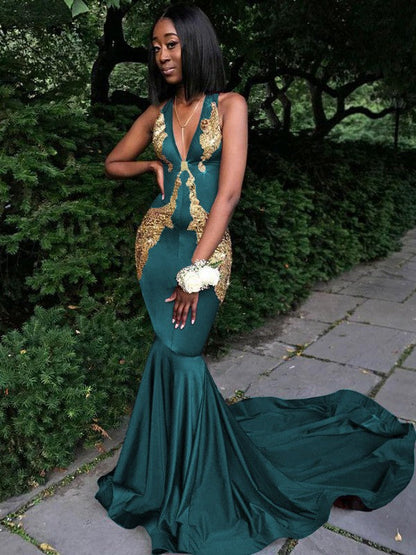 Memorable Magic Mermaid Silk like Satin Applique V-neck Sleeveless Chapel Train Prom Dress