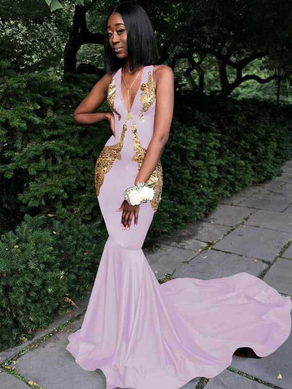 Memorable Magic Mermaid Silk like Satin Applique V-neck Sleeveless Chapel Train Prom Dress