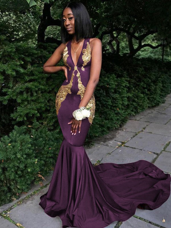 Memorable Magic Mermaid Silk like Satin Applique V-neck Sleeveless Chapel Train Prom Dress