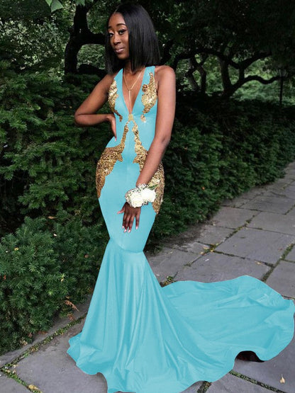 Memorable Magic Mermaid Silk like Satin Applique V-neck Sleeveless Chapel Train Prom Dress