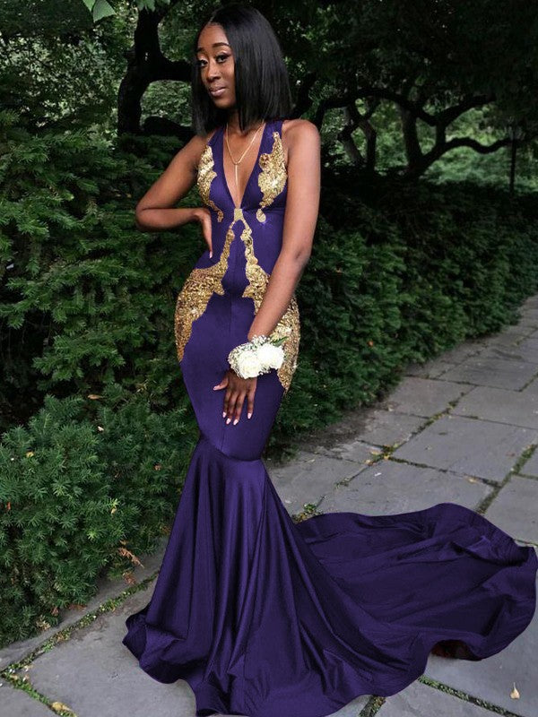 Memorable Magic Mermaid Silk like Satin Applique V-neck Sleeveless Chapel Train Prom Dress