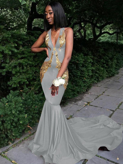 Memorable Magic Mermaid Silk like Satin Applique V-neck Sleeveless Chapel Train Prom Dress