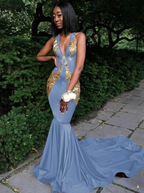 Memorable Magic Mermaid Silk like Satin Applique V-neck Sleeveless Chapel Train Prom Dress