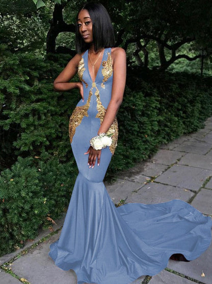 Memorable Magic Mermaid Silk like Satin Applique V-neck Sleeveless Chapel Train Prom Dress