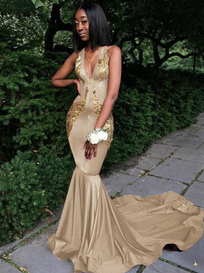 Memorable Magic Mermaid Silk like Satin Applique V-neck Sleeveless Chapel Train Prom Dress