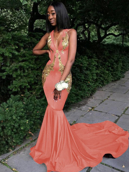 Memorable Magic Mermaid Silk like Satin Applique V-neck Sleeveless Chapel Train Prom Dress