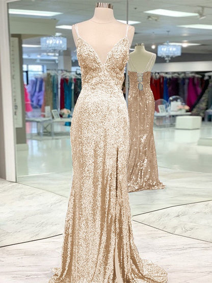 Desired Spotlight Style Sheath Sequins Ruffles V-neck Sleeveless Sweep/Brush Train Prom Dress