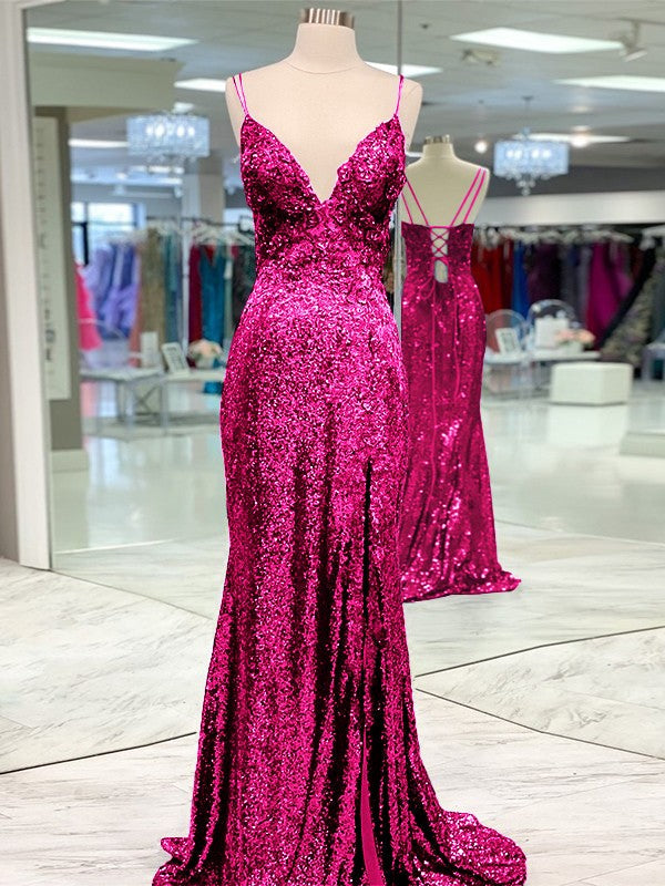 Desired Spotlight Style Sheath Sequins Ruffles V-neck Sleeveless Sweep/Brush Train Prom Dress