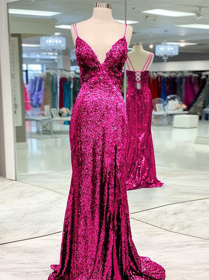 Desired Spotlight Style Sheath Sequins Ruffles V-neck Sleeveless Sweep/Brush Train Prom Dress