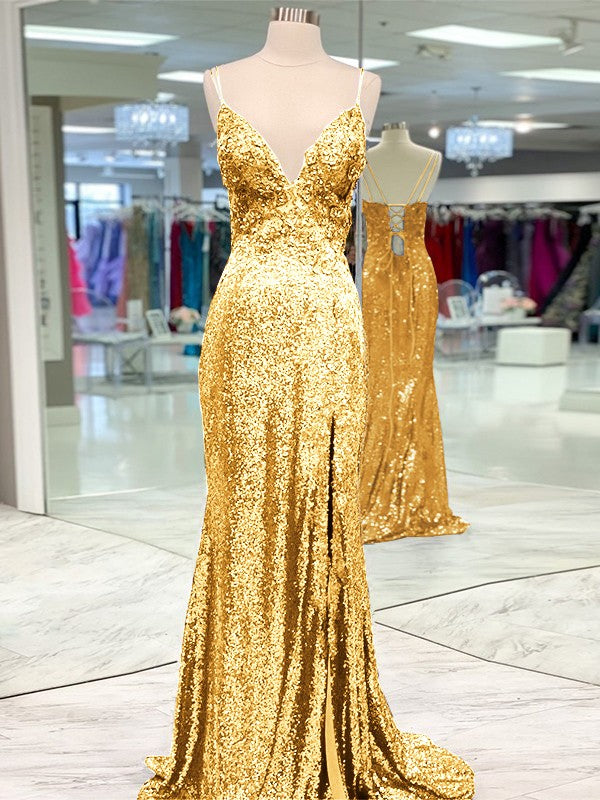 Desired Spotlight Style Sheath Sequins Ruffles V-neck Sleeveless Sweep/Brush Train Prom Dress