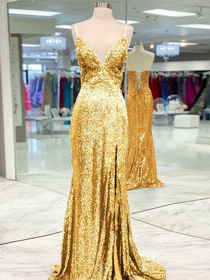 Desired Spotlight Style Sheath Sequins Ruffles V-neck Sleeveless Sweep/Brush Train Prom Dress