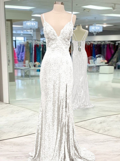 Desired Spotlight Style Sheath Sequins Ruffles V-neck Sleeveless Sweep/Brush Train Prom Dress