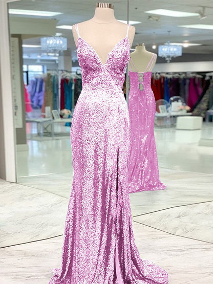 Desired Spotlight Style Sheath Sequins Ruffles V-neck Sleeveless Sweep/Brush Train Prom Dress