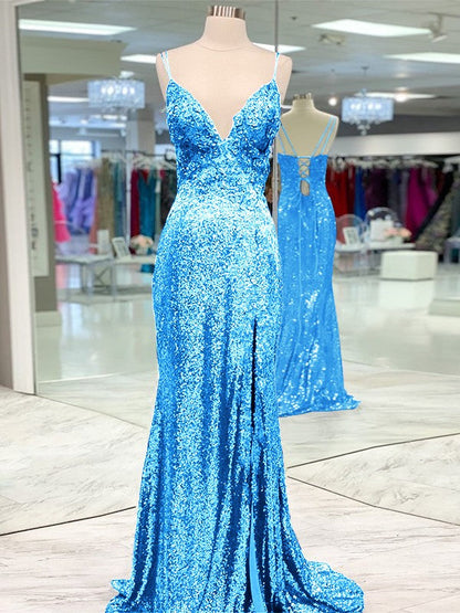 Desired Spotlight Style Sheath Sequins Ruffles V-neck Sleeveless Sweep/Brush Train Prom Dress