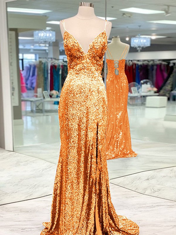 Desired Spotlight Style Sheath Sequins Ruffles V-neck Sleeveless Sweep/Brush Train Prom Dress