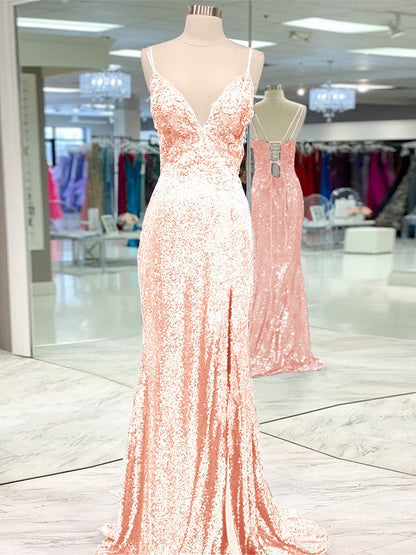 Desired Spotlight Style Sheath Sequins Ruffles V-neck Sleeveless Sweep/Brush Train Prom Dress