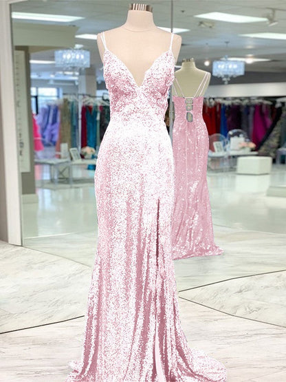 Desired Spotlight Style Sheath Sequins Ruffles V-neck Sleeveless Sweep/Brush Train Prom Dress