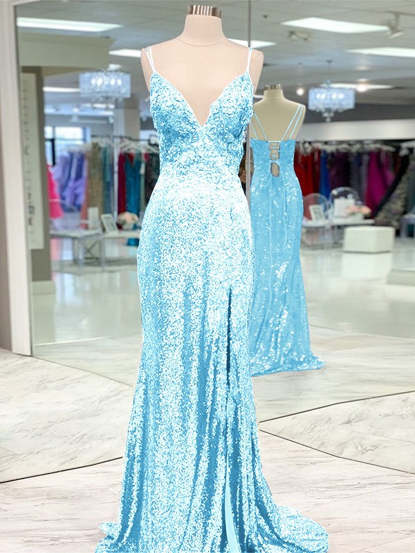Desired Spotlight Style Sheath Sequins Ruffles V-neck Sleeveless Sweep/Brush Train Prom Dress