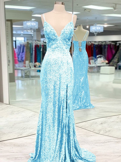 Desired Spotlight Style Sheath Sequins Ruffles V-neck Sleeveless Sweep/Brush Train Prom Dress