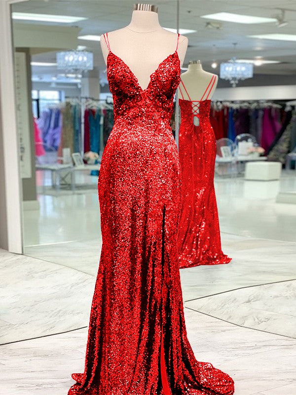 Desired Spotlight Style Sheath Sequins Ruffles V-neck Sleeveless Sweep/Brush Train Prom Dress