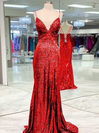 Desired Spotlight Style Sheath Sequins Ruffles V-neck Sleeveless Sweep/Brush Train Prom Dress