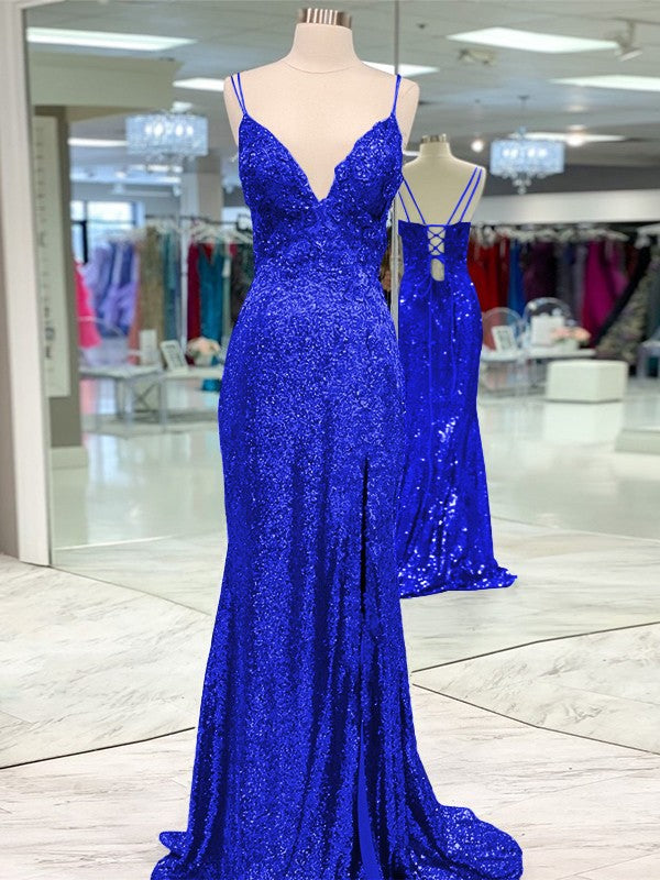 Desired Spotlight Style Sheath Sequins Ruffles V-neck Sleeveless Sweep/Brush Train Prom Dress