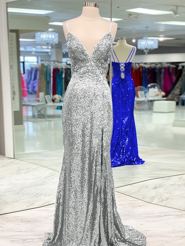 Desired Spotlight Style Sheath Sequins Ruffles V-neck Sleeveless Sweep/Brush Train Prom Dress