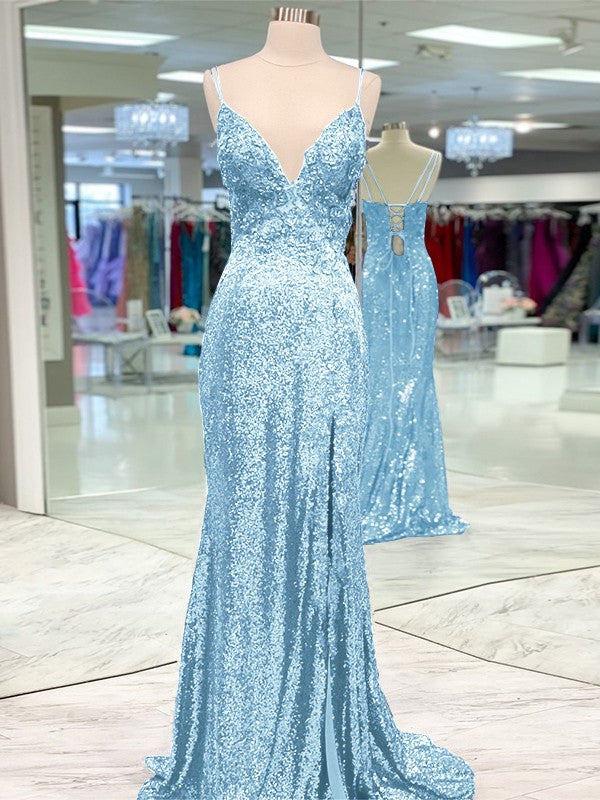 Desired Spotlight Style Sheath Sequins Ruffles V-neck Sleeveless Sweep/Brush Train Prom Dress