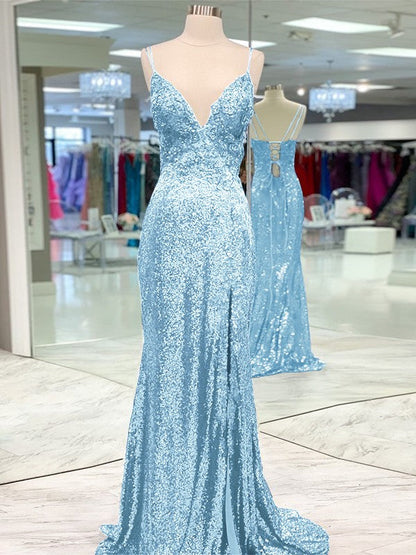 Desired Spotlight Style Sheath Sequins Ruffles V-neck Sleeveless Sweep/Brush Train Prom Dress