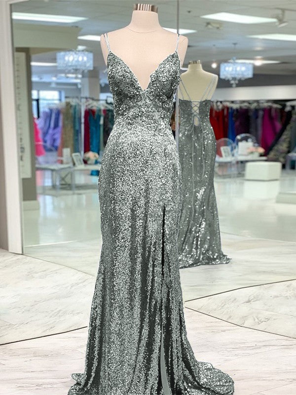 Desired Spotlight Style Sheath Sequins Ruffles V-neck Sleeveless Sweep/Brush Train Prom Dress