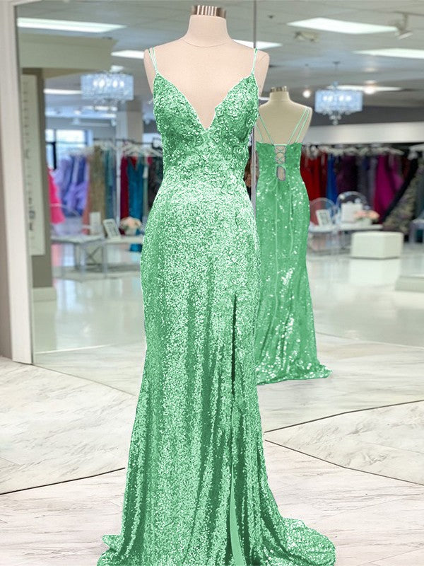 Desired Spotlight Style Sheath Sequins Ruffles V-neck Sleeveless Sweep/Brush Train Prom Dress