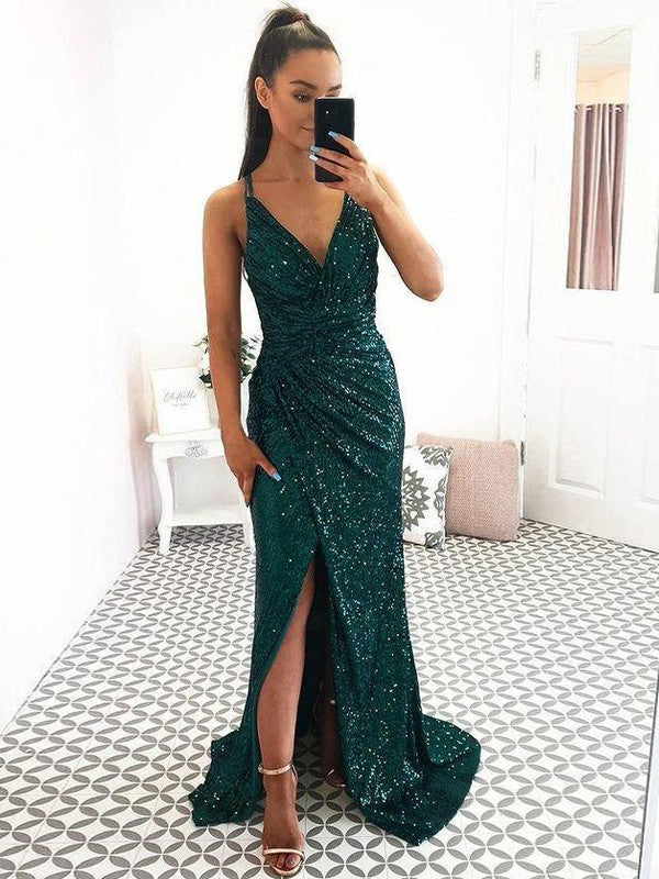 Eye-Catching Charm Sheath Sequins Ruched V-neck Sleeveless Sweep/Brush Train Prom Dress