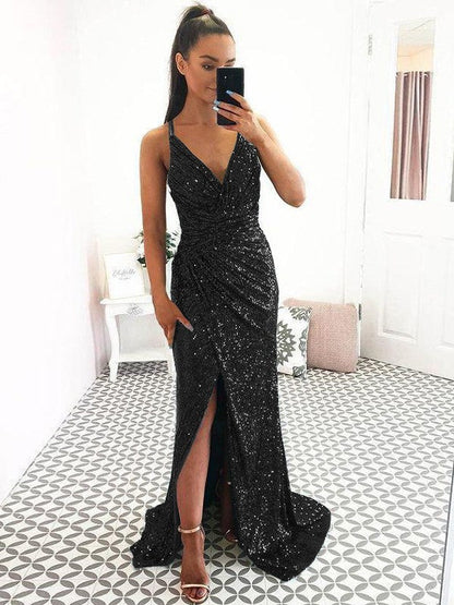 Eye-Catching Charm Sheath Sequins Ruched V-neck Sleeveless Sweep/Brush Train Prom Dress
