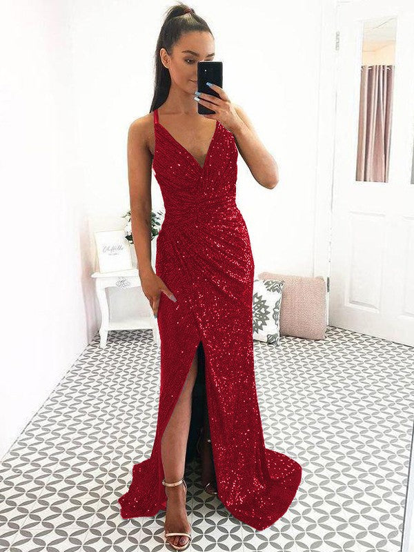 Eye-Catching Charm Sheath Sequins Ruched V-neck Sleeveless Sweep/Brush Train Prom Dress